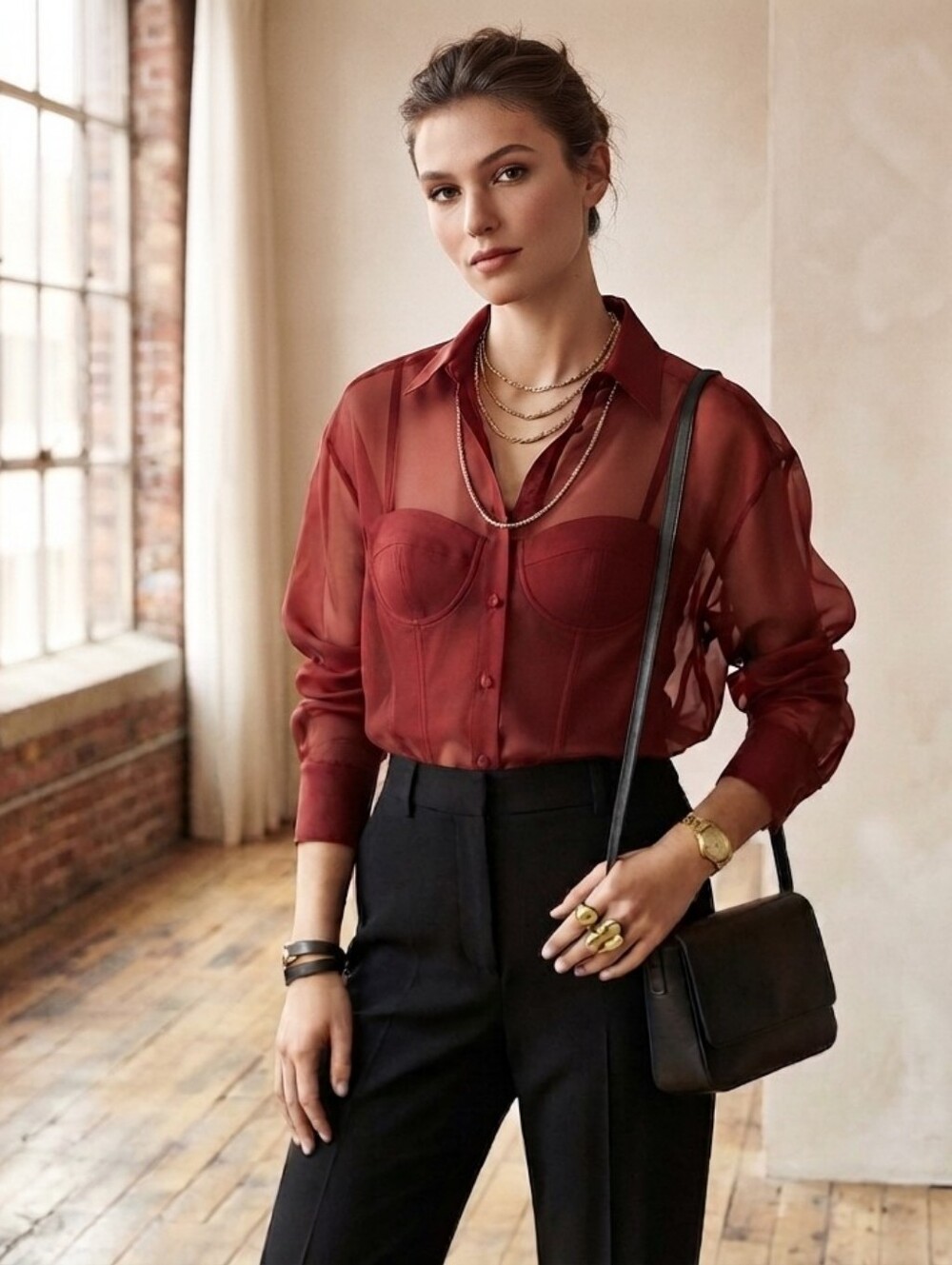 Antonio Melani Priscilla Sheer Organza Button Down Burgundy Blouse Size 0
